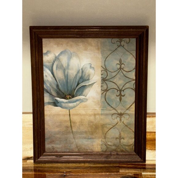 Framed Vivien Flasch Floral Art Print Blue Flower & Brown Scroll Design Overall - Picture 1 of 8